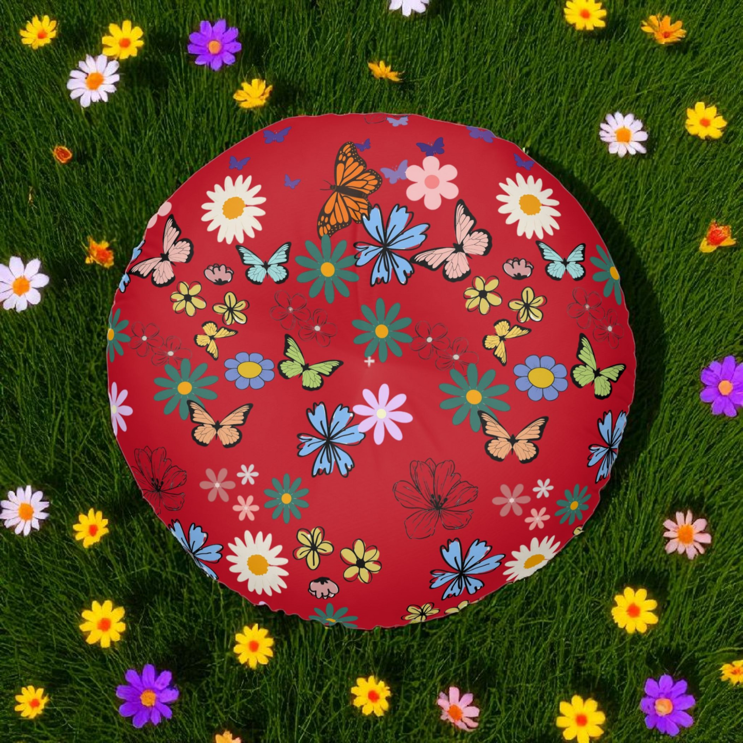 Floral Tufted Floor Pillow - Round Cushion for Cozy Decor