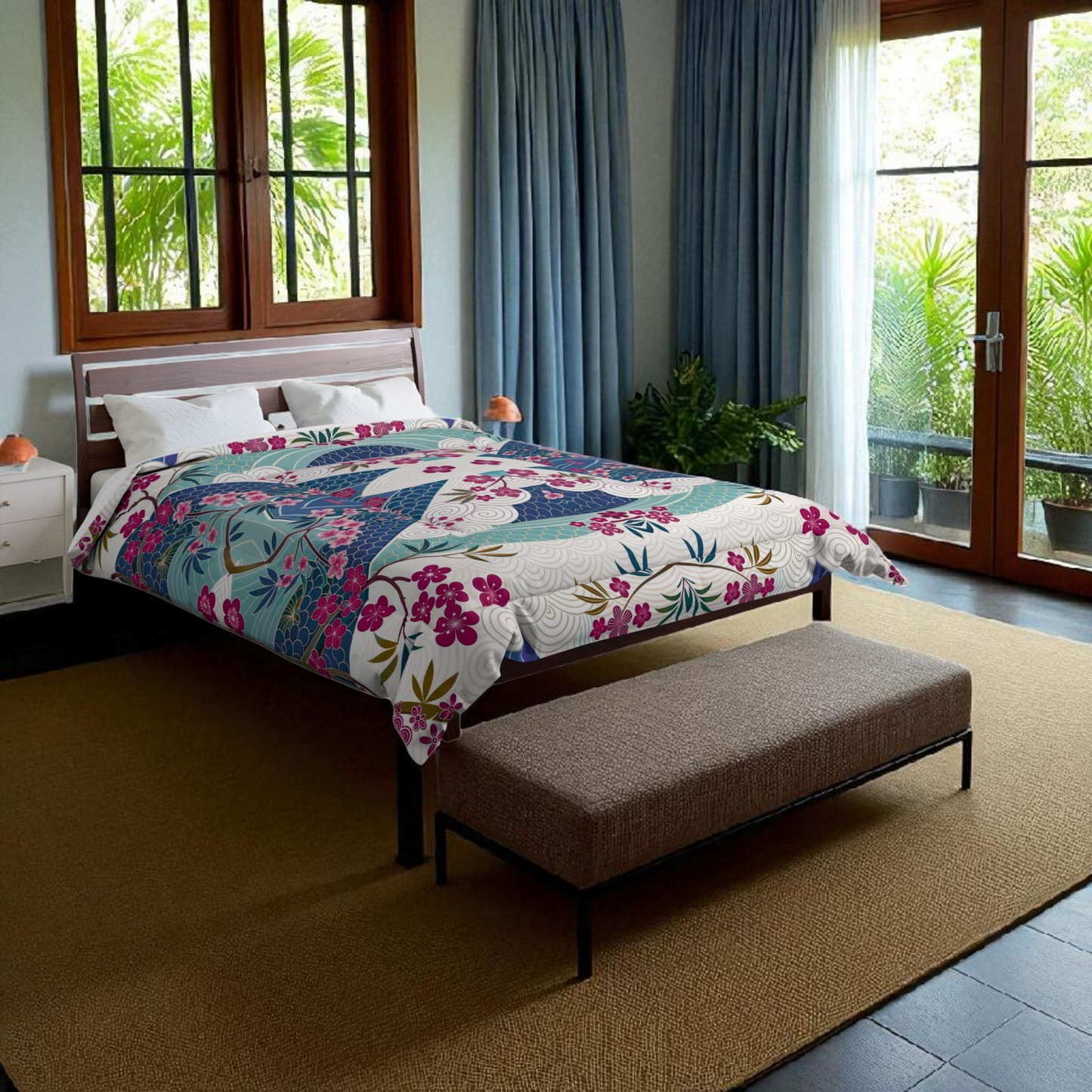 Japanese Floral Inspired Patterned Comforter - Cozy Bedding for Spring Decor