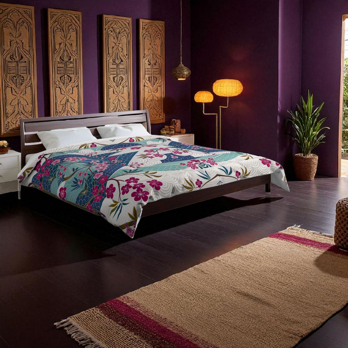 Japanese Floral Inspired Patterned Comforter - Cozy Bedding for Spring Decor