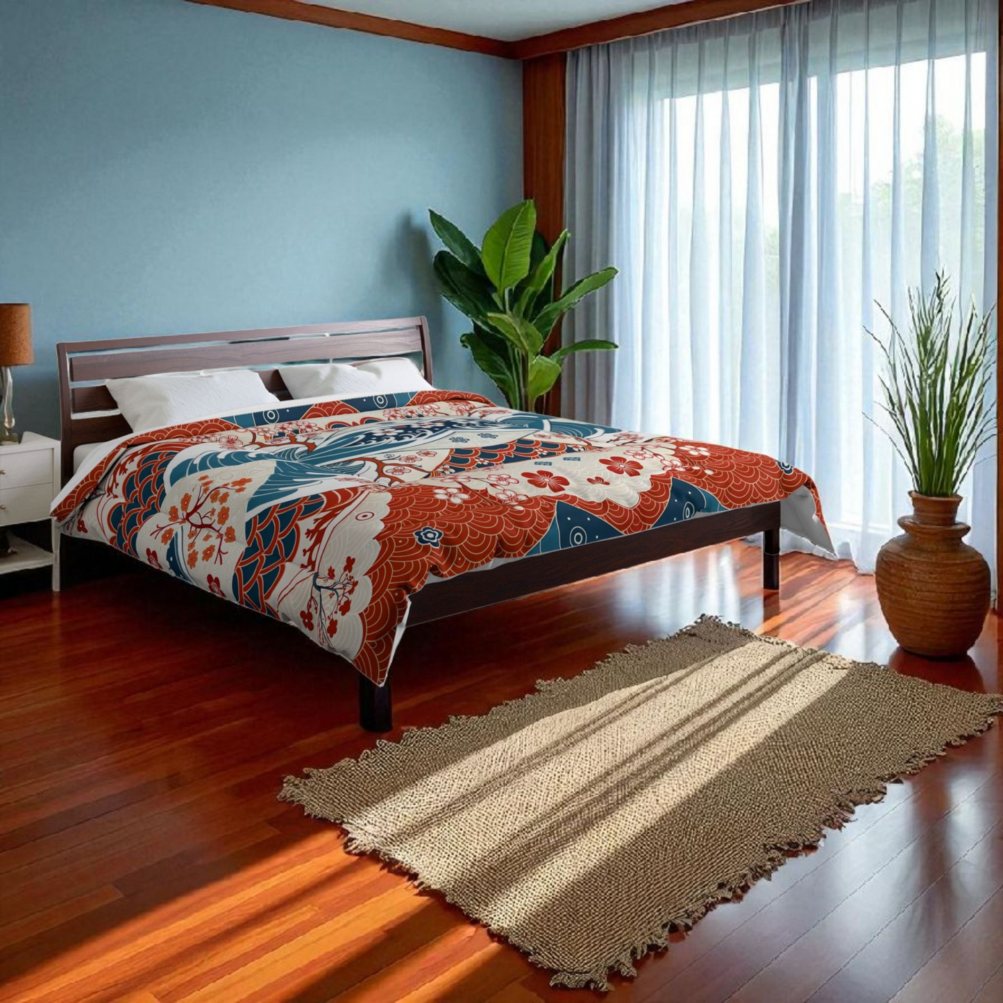 Elegant Floral Comforter, Boho Chic Bedding, Japanese Wave Design Quilt