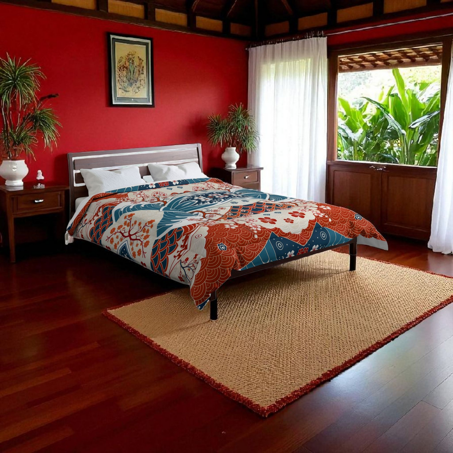 Elegant Floral Comforter, Boho Chic Bedding, Japanese Wave Design Quilt