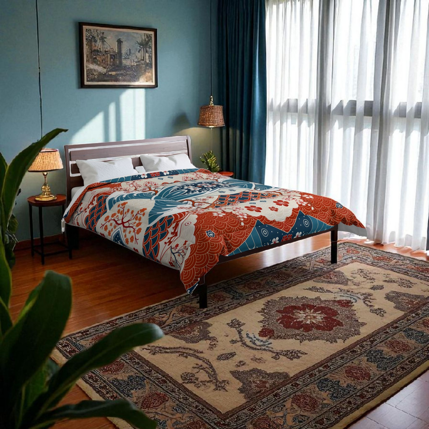 Elegant Floral Comforter, Boho Chic Bedding, Japanese Wave Design Quilt