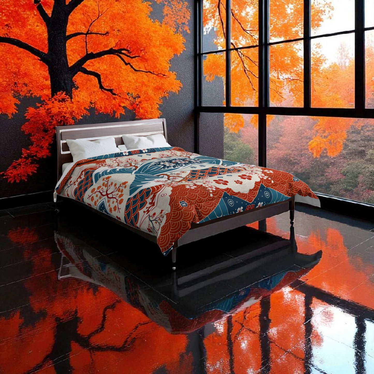 Elegant Floral Comforter, Boho Chic Bedding, Japanese Wave Design Quilt
