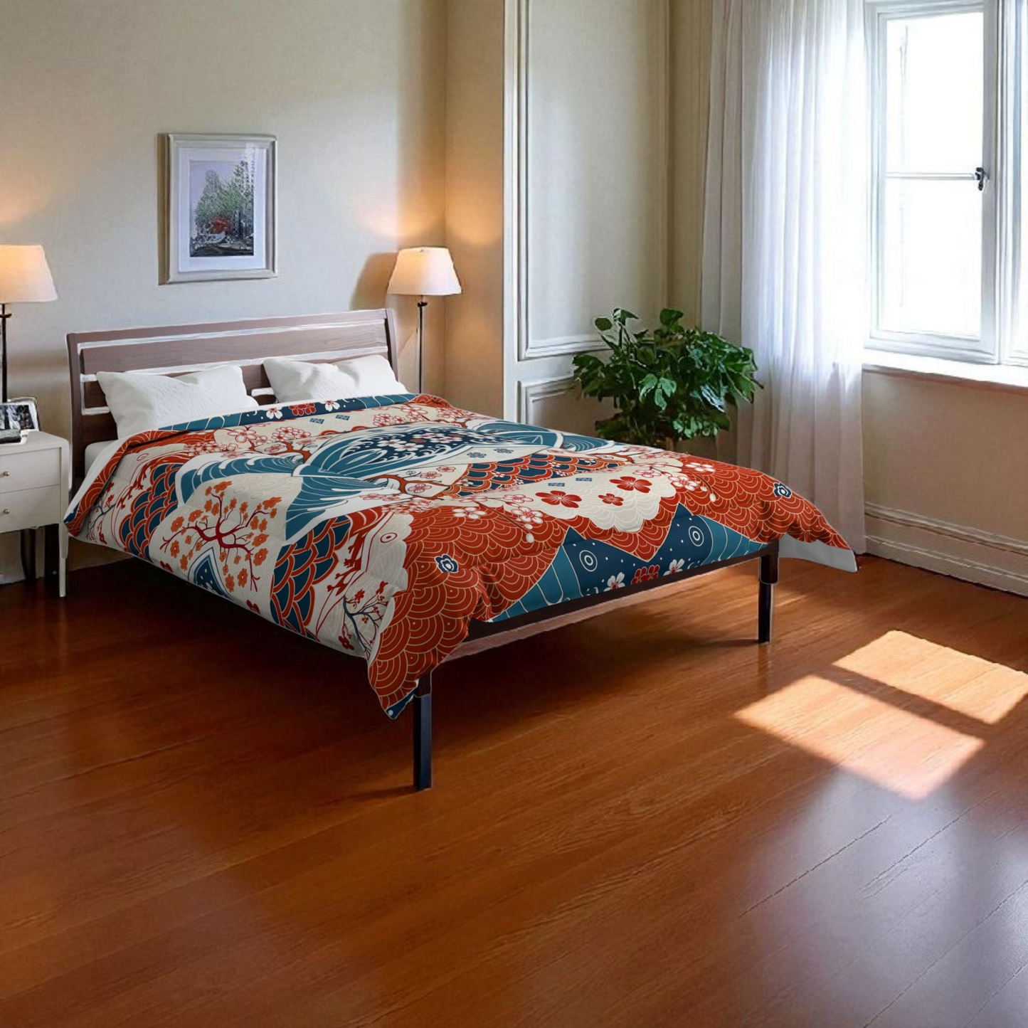 Elegant Floral Comforter, Boho Chic Bedding, Japanese Wave Design Quilt