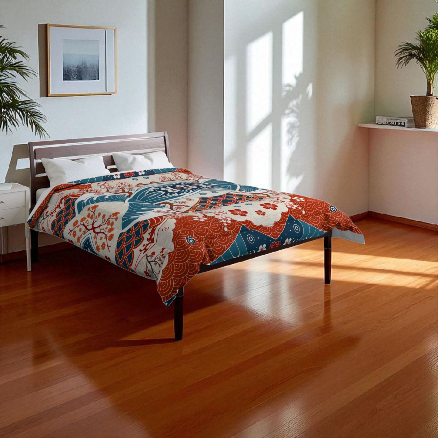 Elegant Floral Comforter, Boho Chic Bedding, Japanese Wave Design Quilt