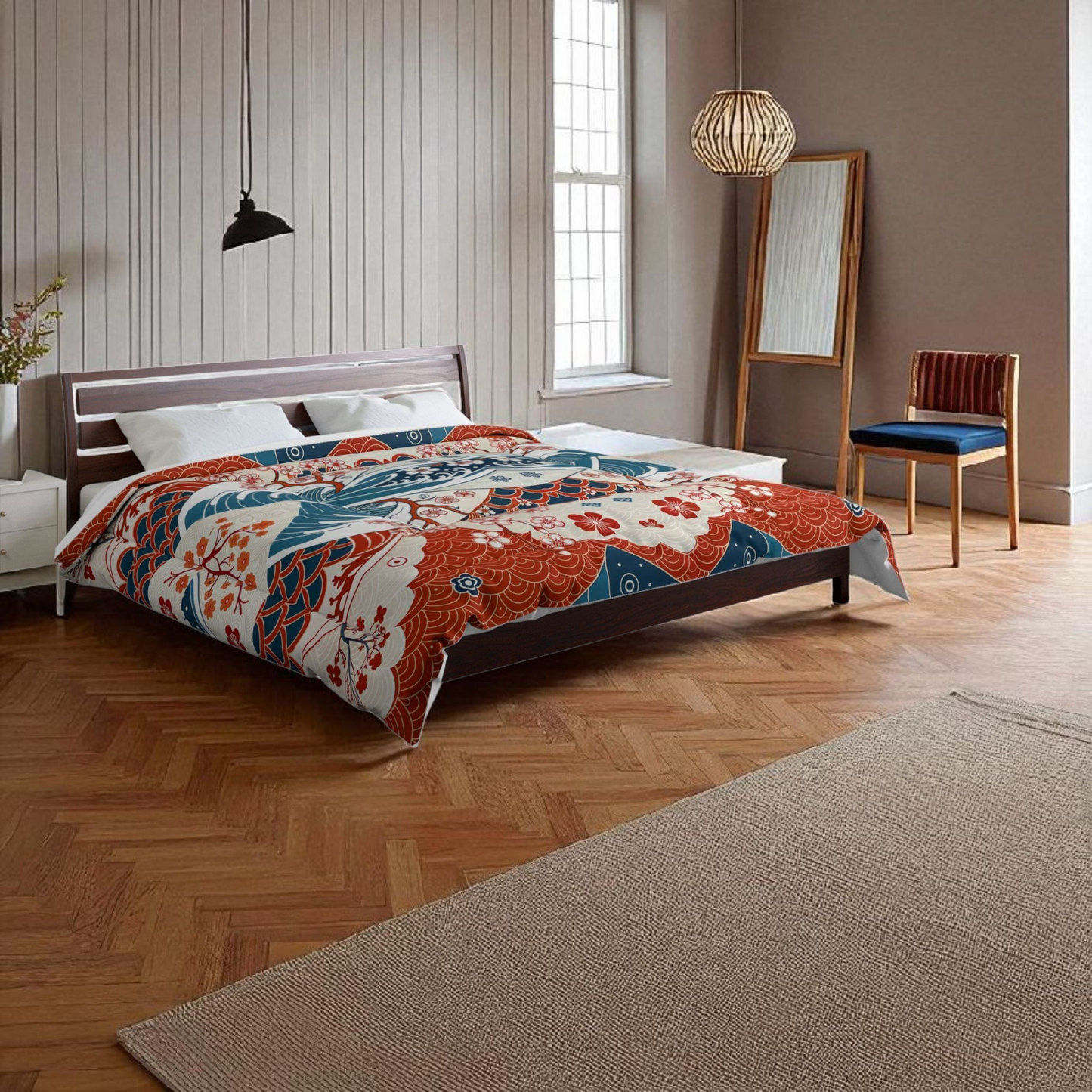 Elegant Floral Comforter, Boho Chic Bedding, Japanese Wave Design Quilt