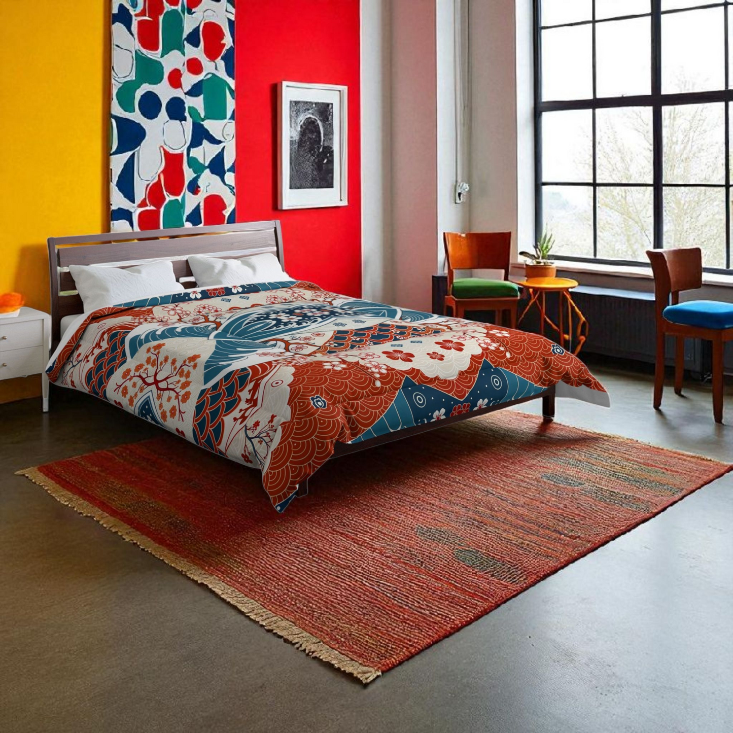Elegant Floral Comforter, Boho Chic Bedding, Japanese Wave Design Quilt
