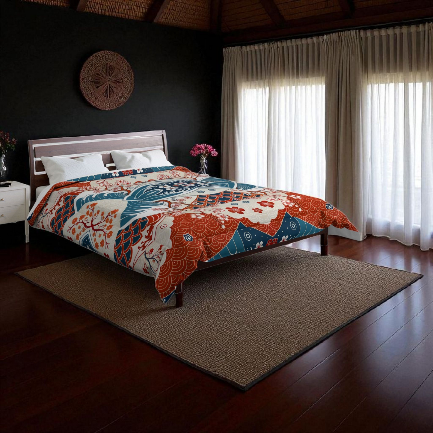 Elegant Floral Comforter, Boho Chic Bedding, Japanese Wave Design Quilt