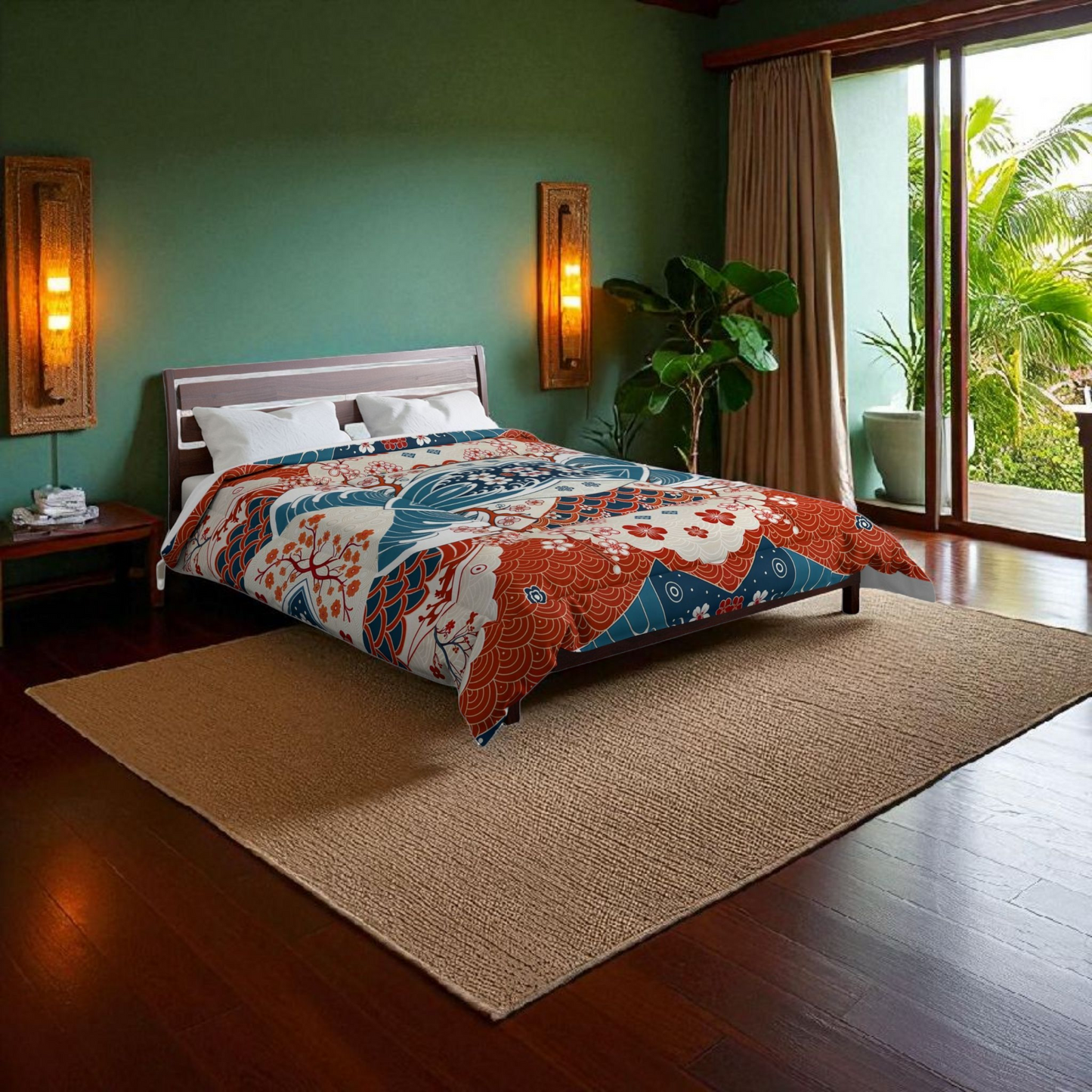 Elegant Floral Comforter, Boho Chic Bedding, Japanese Wave Design Quilt