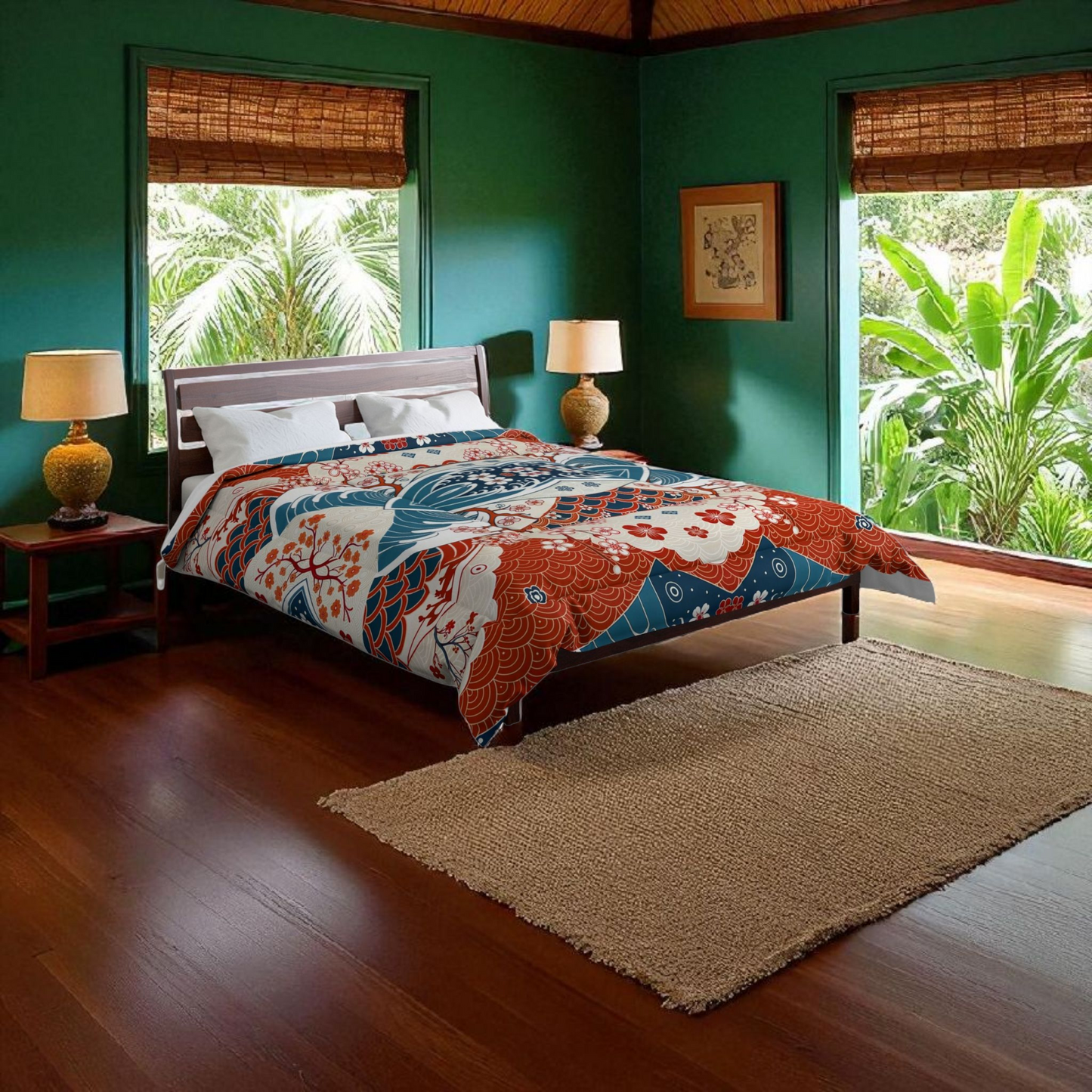 Elegant Floral Comforter, Boho Chic Bedding, Japanese Wave Design Quilt