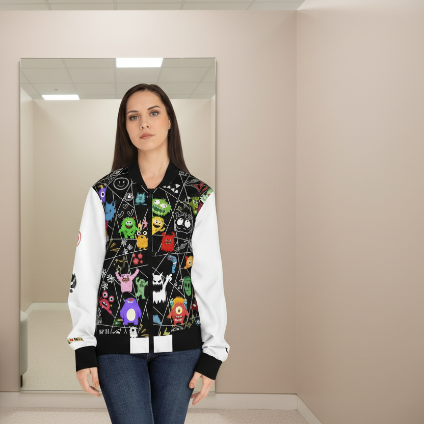 Monster Themed Cartoon Colorful Graphic Women's Jacket, Trendy Outerwear
