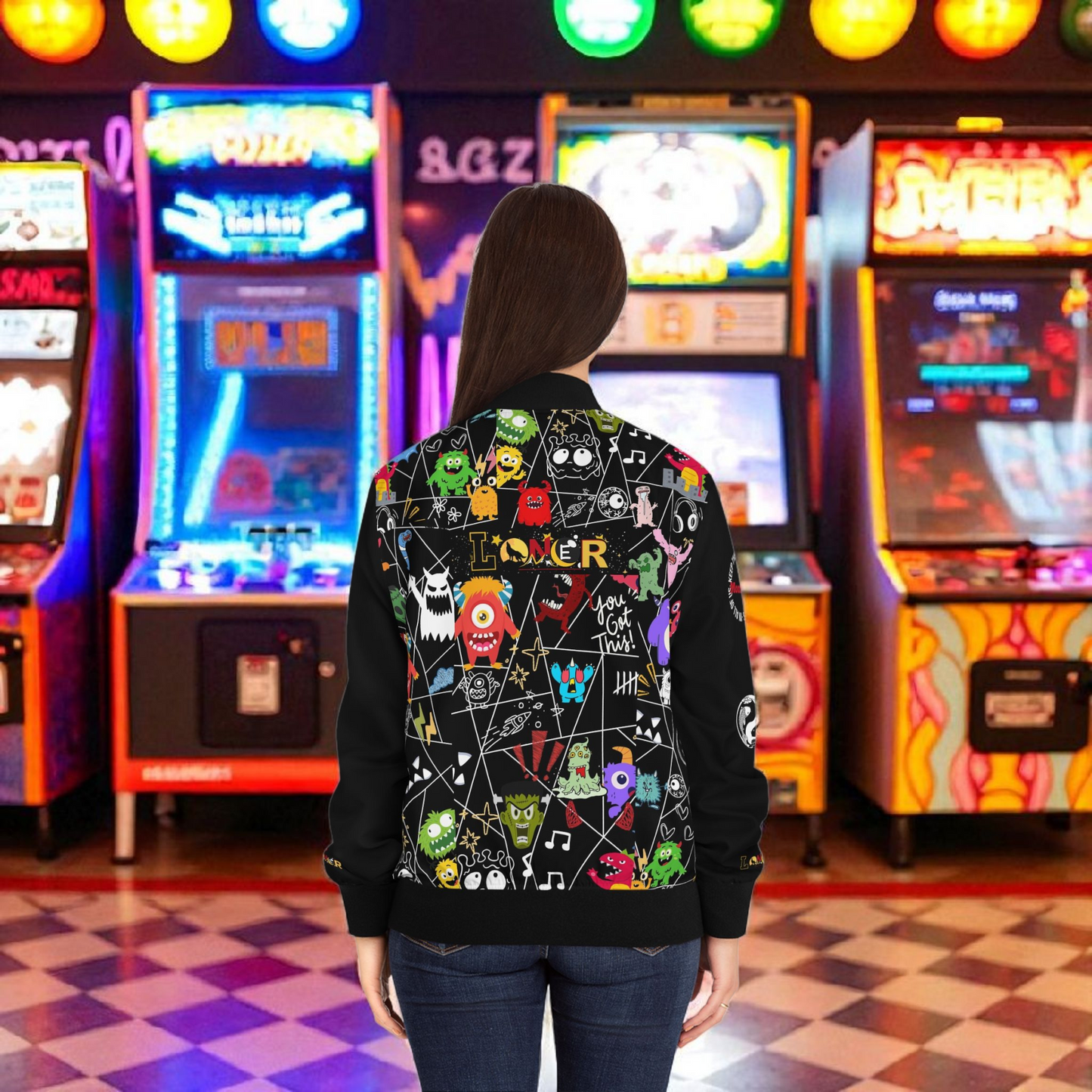 Monster Themed Cartoon Colorful Graphic Women's Jacket, Trendy Outerwear
