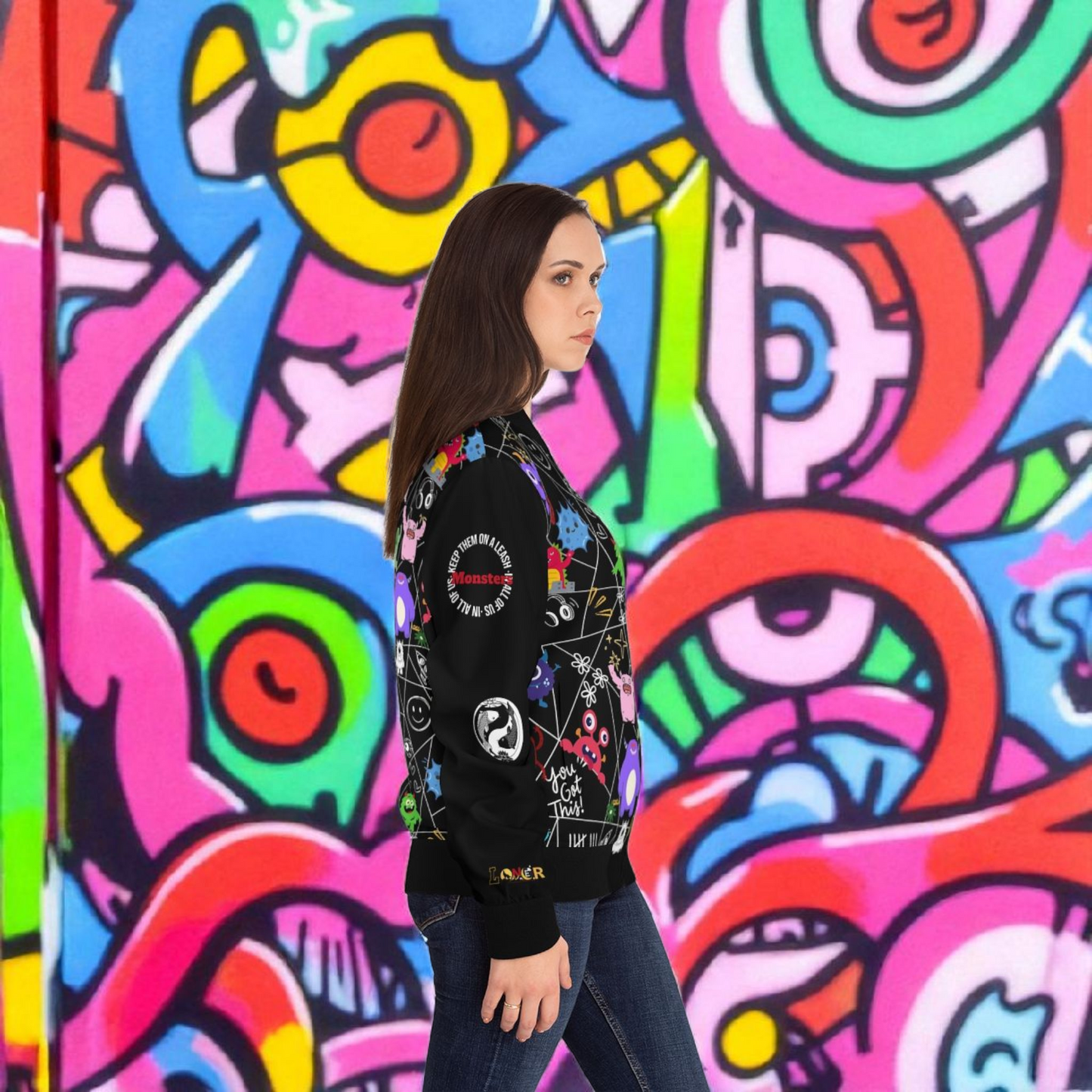 Monster Themed Cartoon Colorful Graphic Women's Jacket, Trendy Outerwear