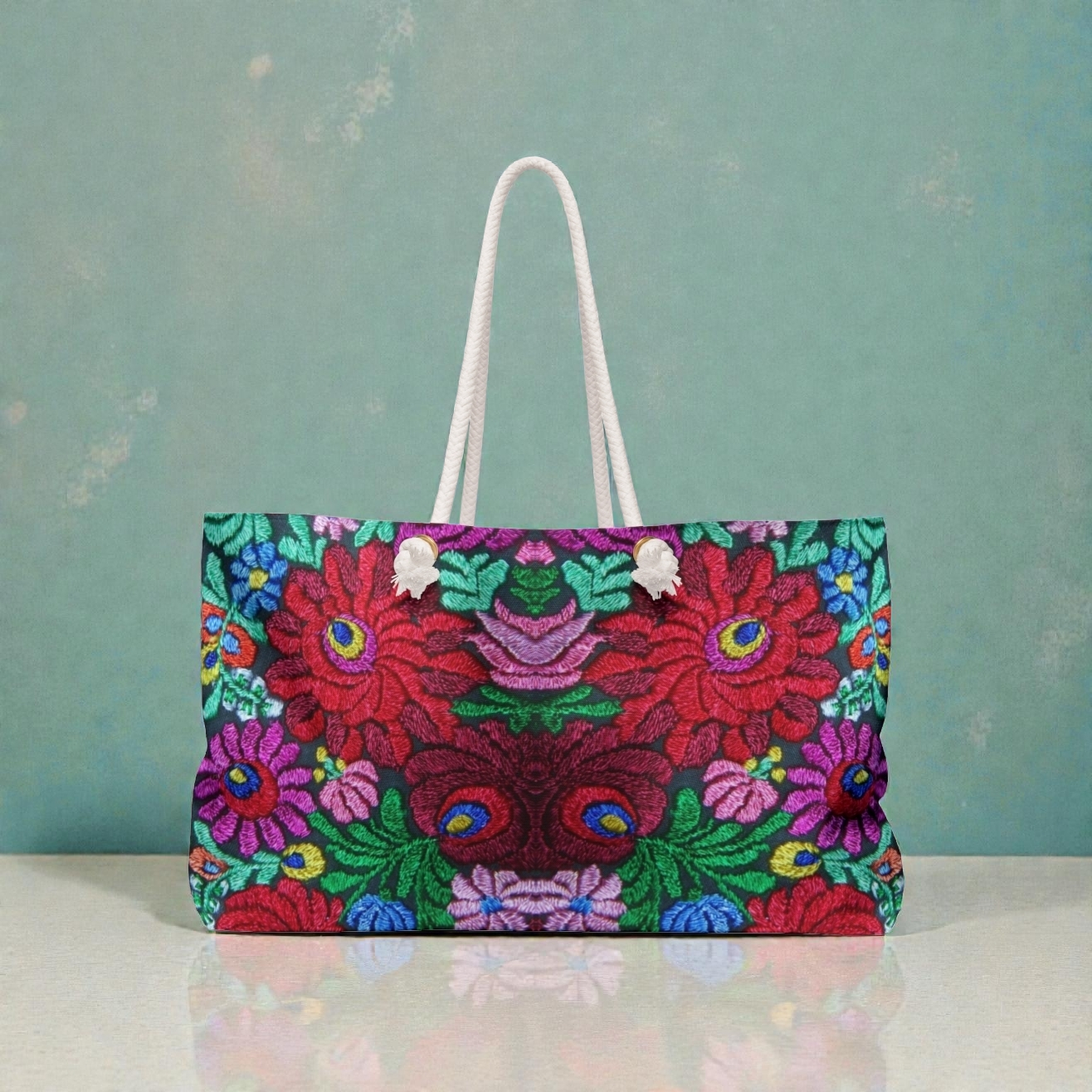 Boho Floral Weekender Bag — Vibrant Embroidered-Inspired Travel Tote