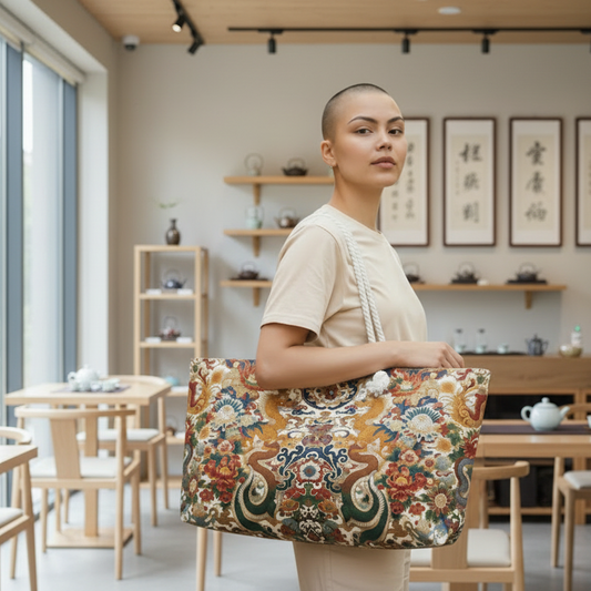 Dragon and Floral Print Weekender Bag — Large Rope-Handle Travel Tote