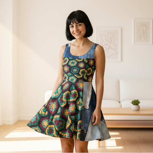 Crochet Hexagon Pattern Print Skater Dress — Retro Boho Floral Inspired