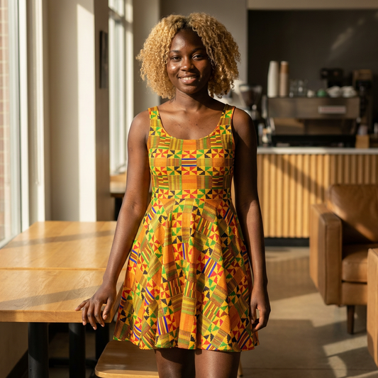 Kente Print Women's Skater Dress - African-Inspired Vibrant Pattern