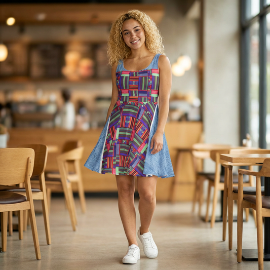Colorful Patchwork Skater Dress — Geometric Top & Denim Patch Print