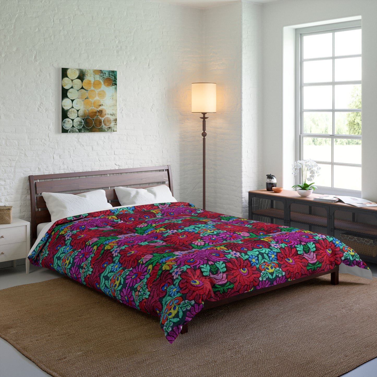 Floral Bohemian Comforter — Vibrant Red & Teal Patterned Bedding
