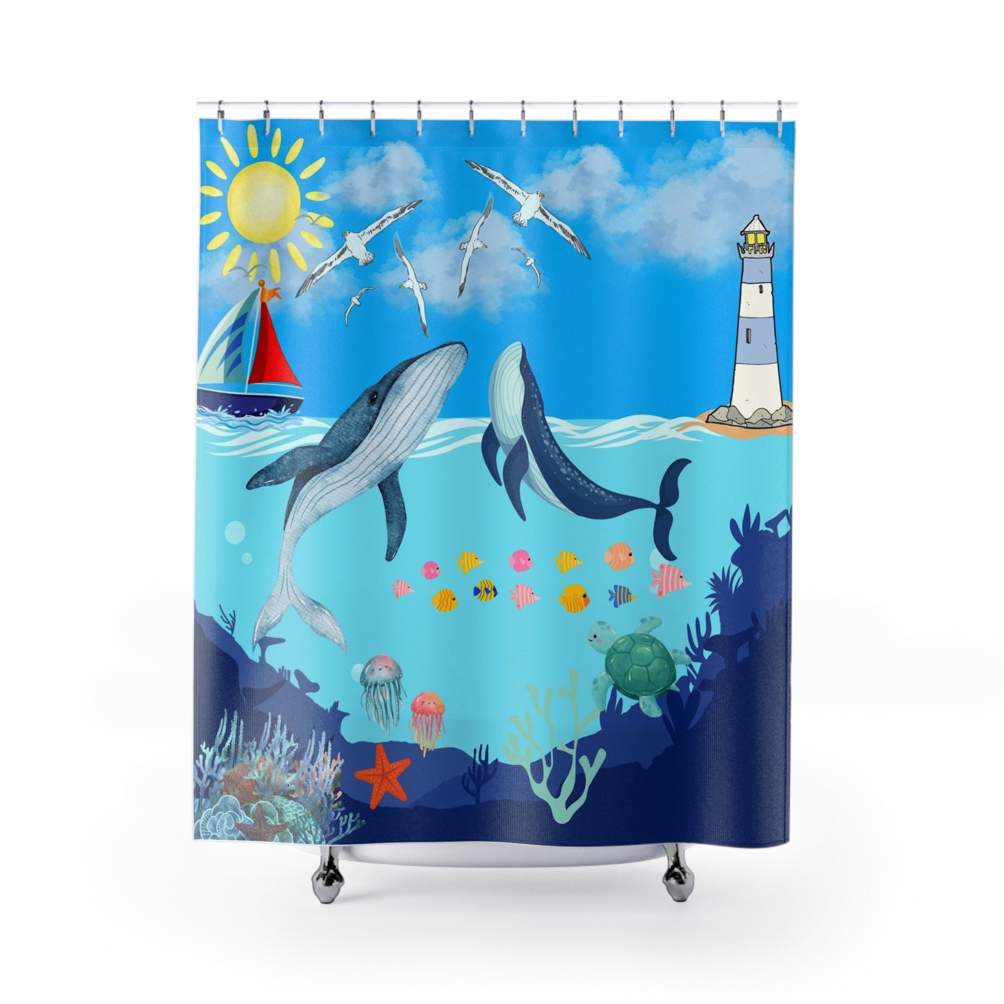 Whale Watching Shower Curtain, Nautical Bathroom Decor, Ocean-Themed, Beach House Essential