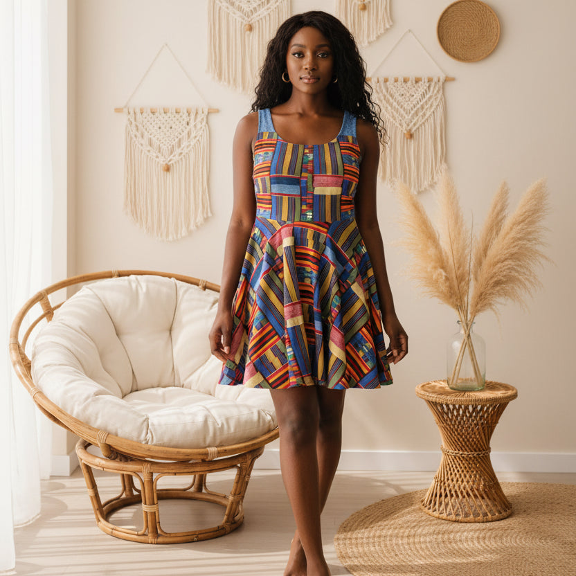 Womens Skater Dress — Colorful Geometric Patchwork Print
