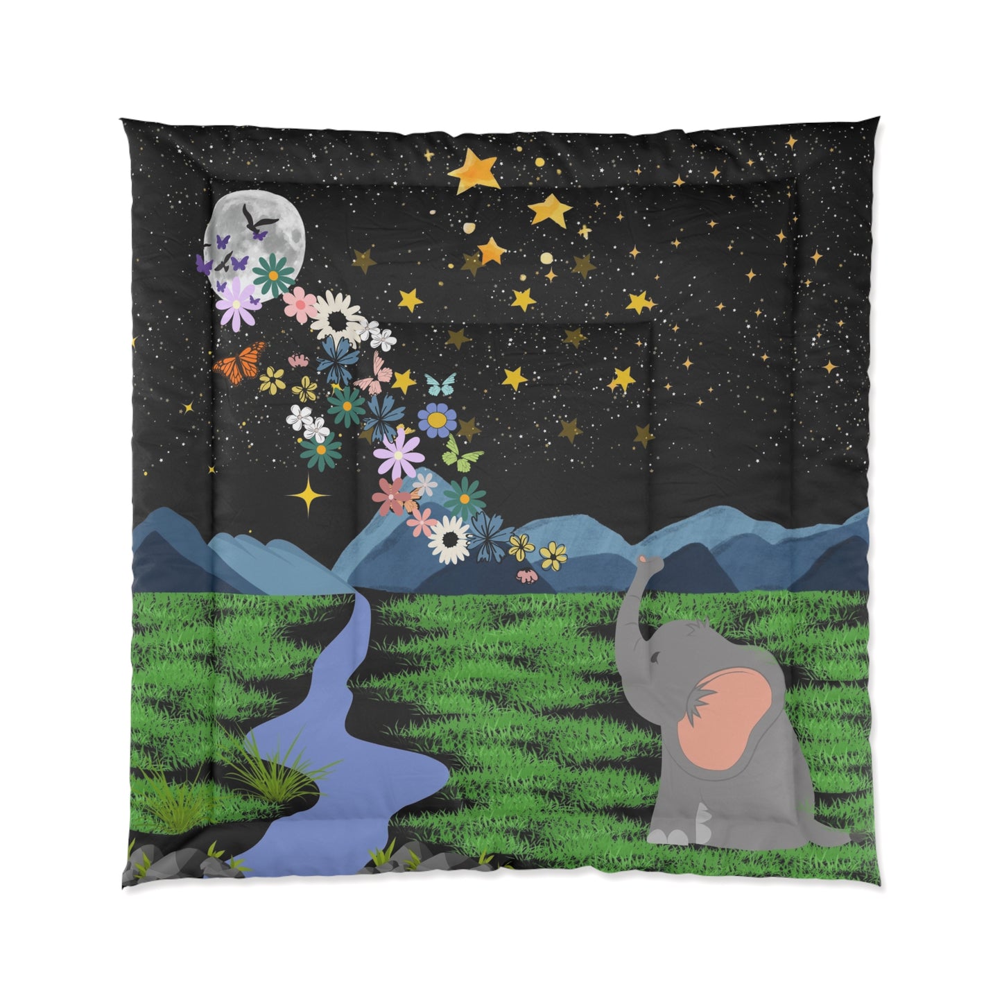 Whimsical Elephant Comforter, Cozy Bedding, Dreamy Decor, Unique Gift for Kids, Nature-Inspired Home Textile