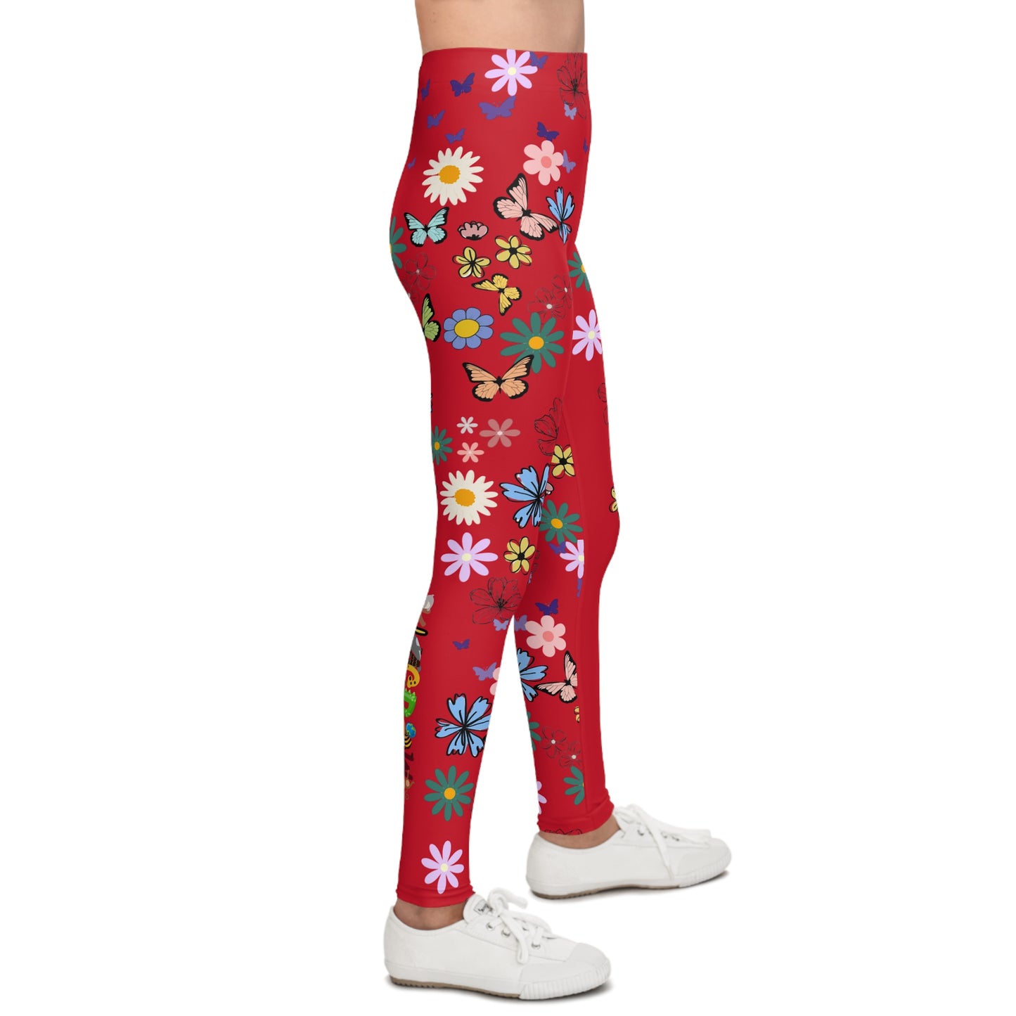 Colorful Floral Youth Leggings - Butterflies & Flowers Design
