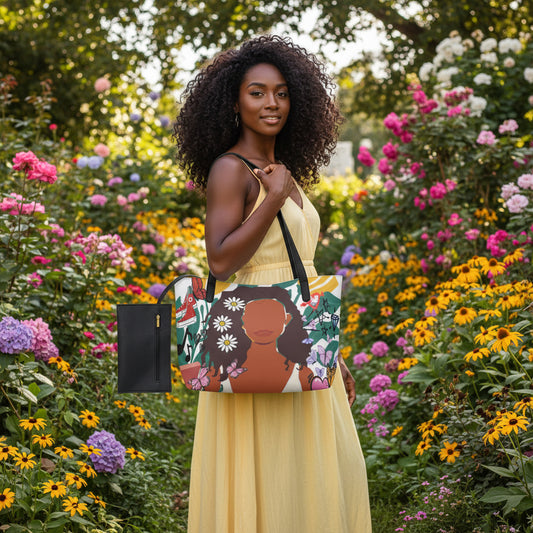 Afro Woman Art Graphic Shopping Tote Bag With Black Mini Purse