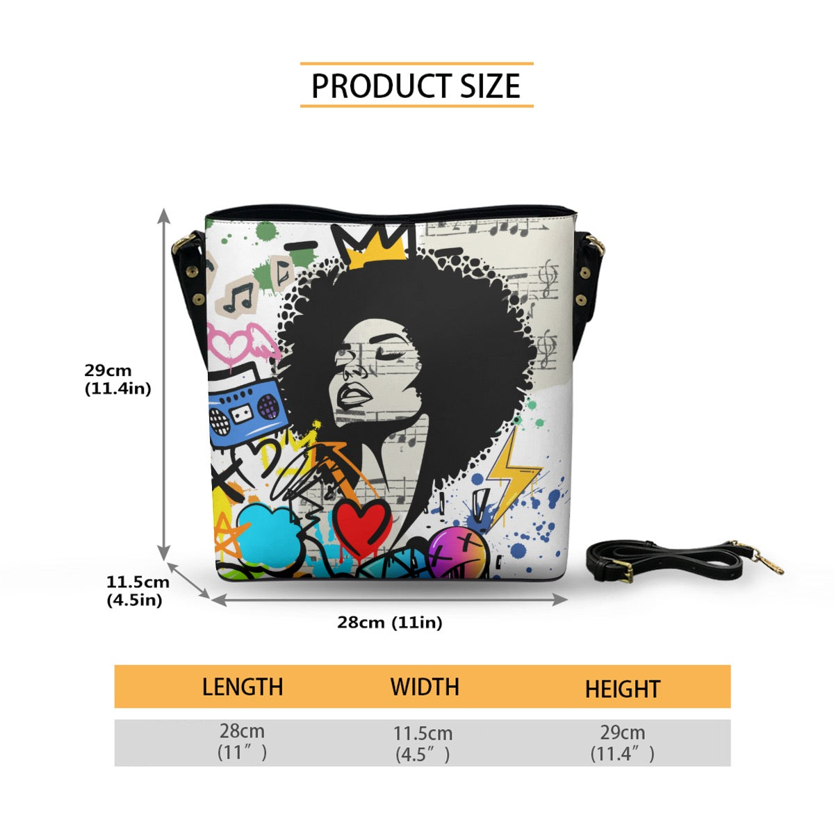 Graffiti Black Art Themed Graphic Minimalist Square Crossbody Bucket Bag