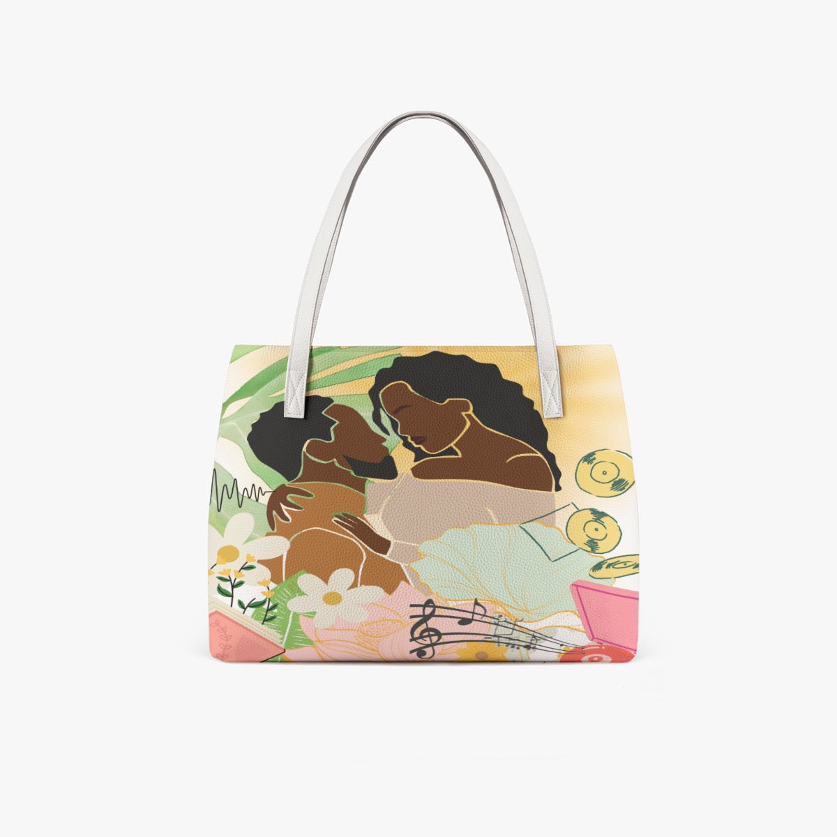 Afro Love & Music Themed PU Leather Tote Bag
