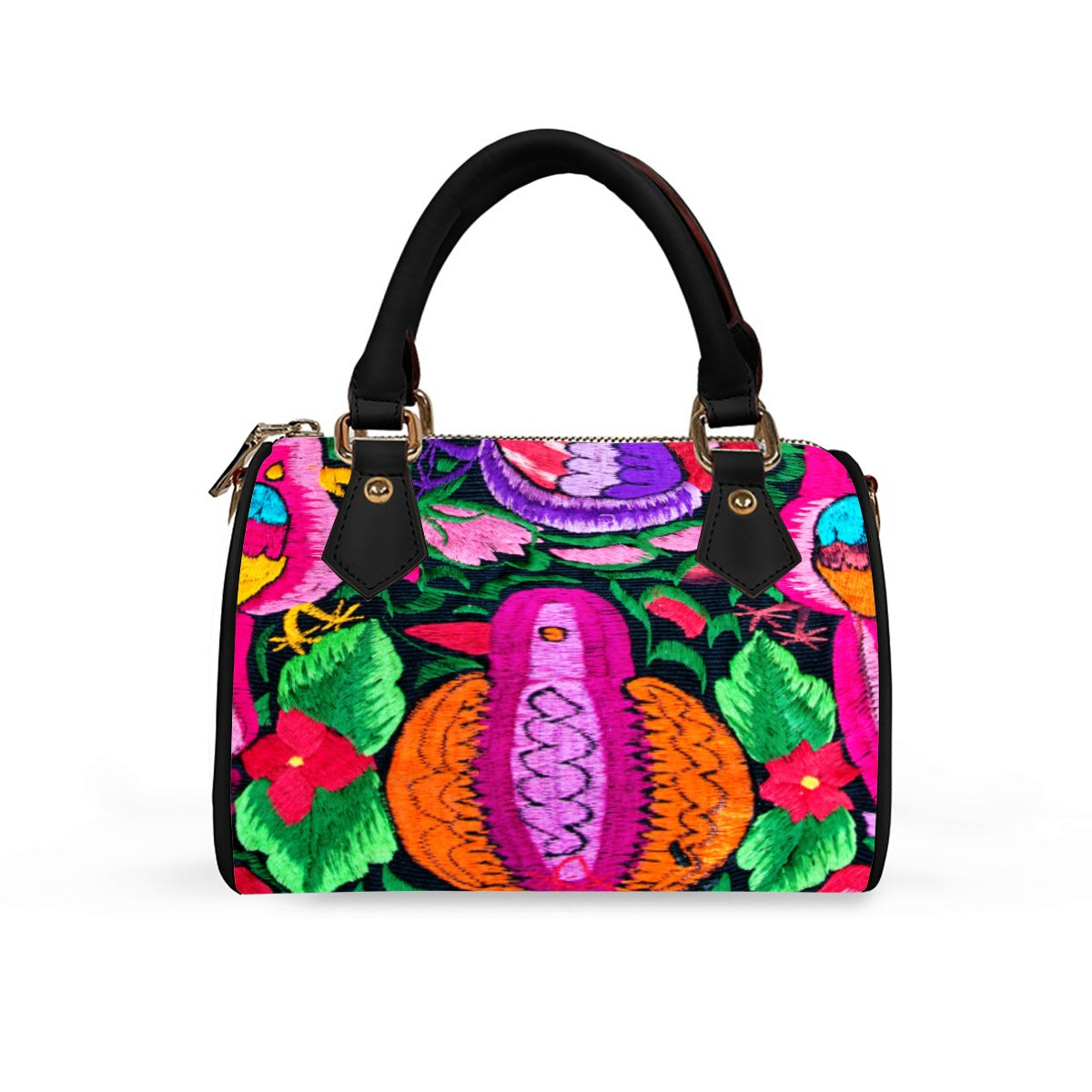 Botanical Ornithology Floral Barrel-Shaped PU Leather Handbag