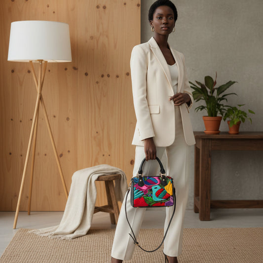 Classic Barrel-Shaped PU Leather Handbag with an Ornithological and Floral Design