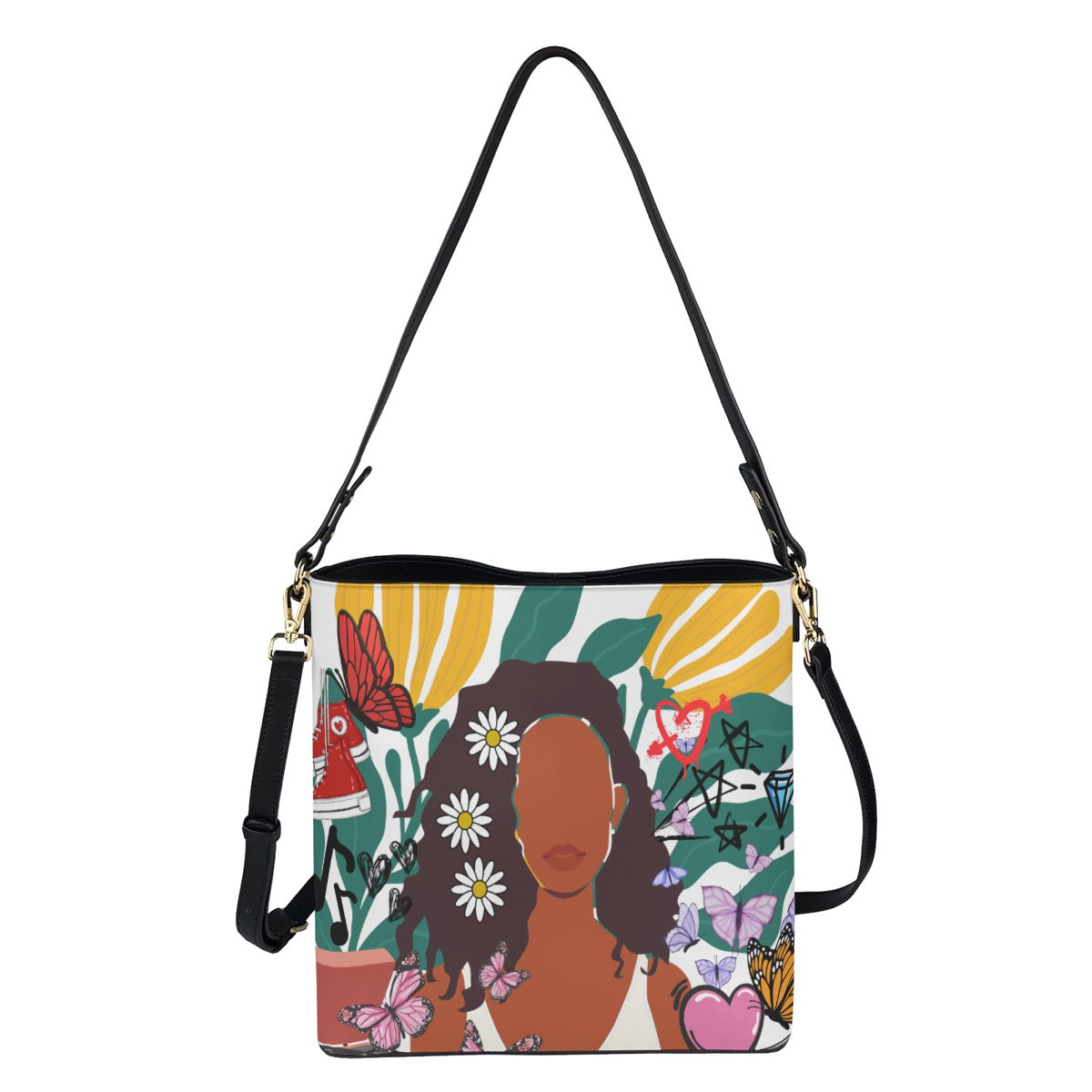 Black Art Themed Graphic Minimalist Square Crossbody Bucket Bag