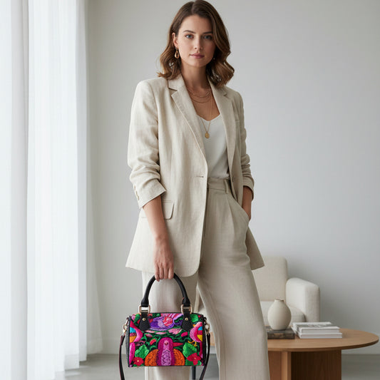 Botanical Ornithology Floral Barrel-Shaped PU Leather Handbag