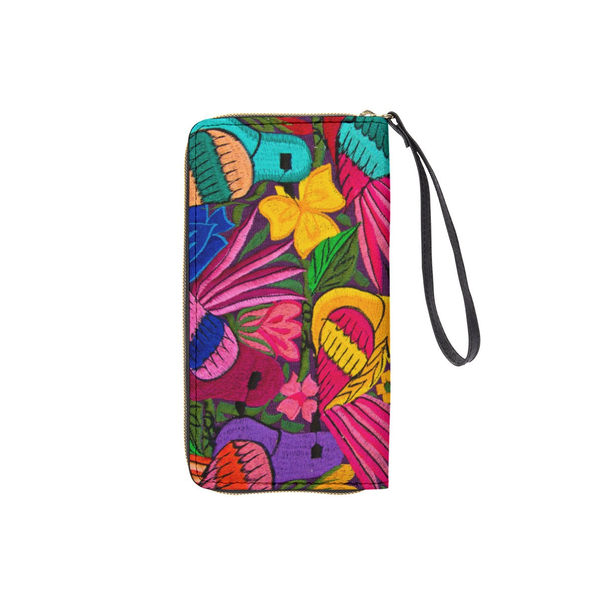 Ornithology and Floral Themed Long Wallet With Black Hand Strap