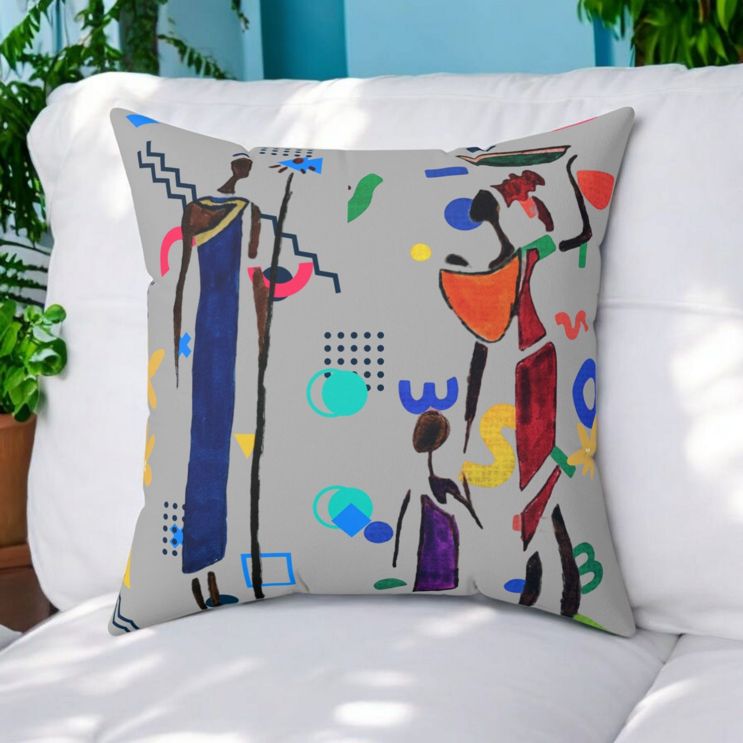 Ethnic Family Doodle Spun Polyester Square Pillow - Handcrafted Home Decor