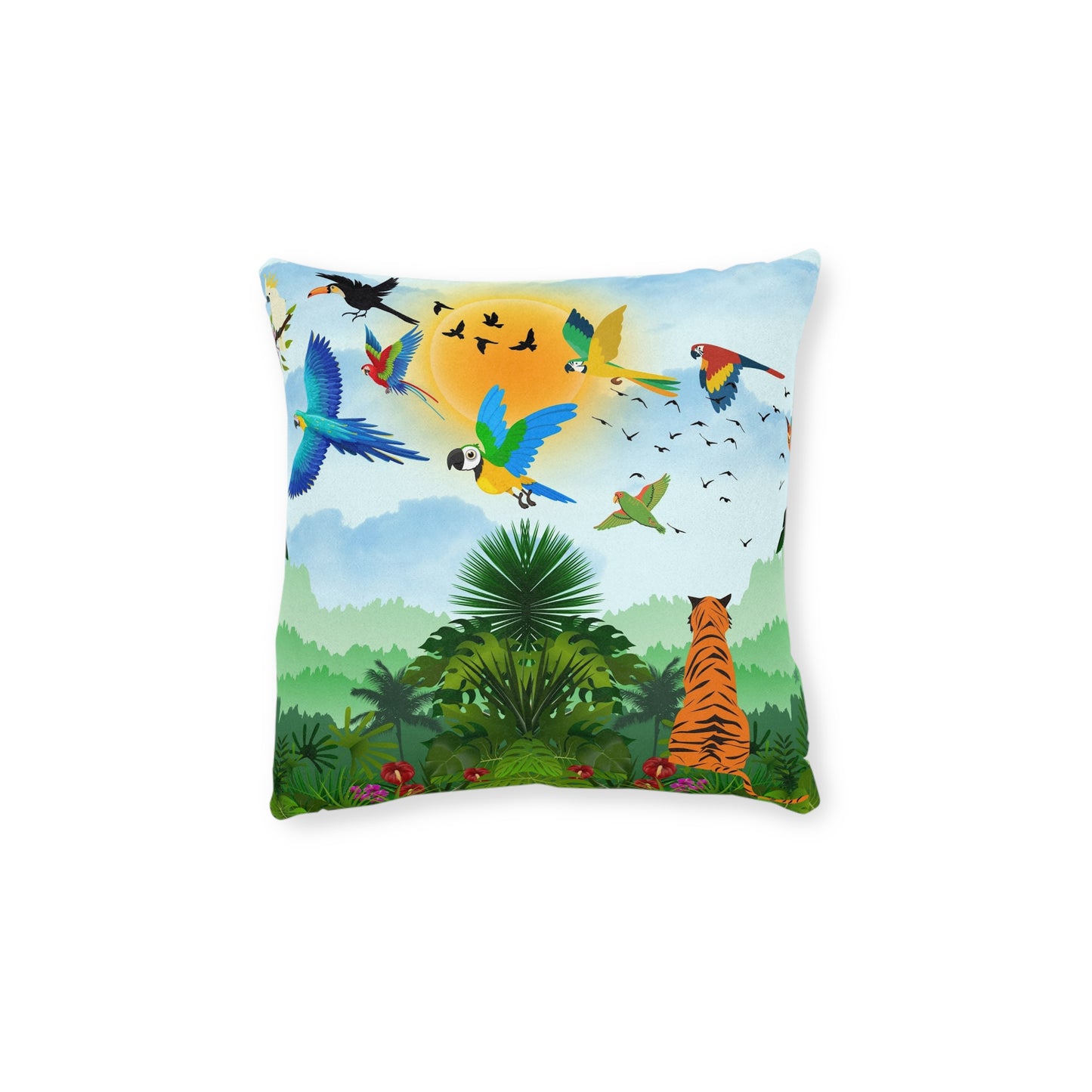 Tropical Jungle Square Pillow with Vibrant Wildlife Design