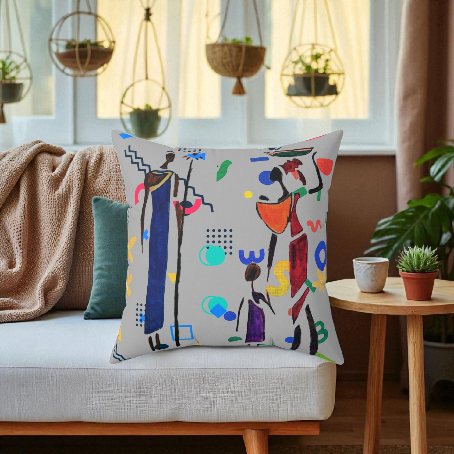 Ethnic Family Doodle Spun Polyester Square Pillow - Handcrafted Home Decor