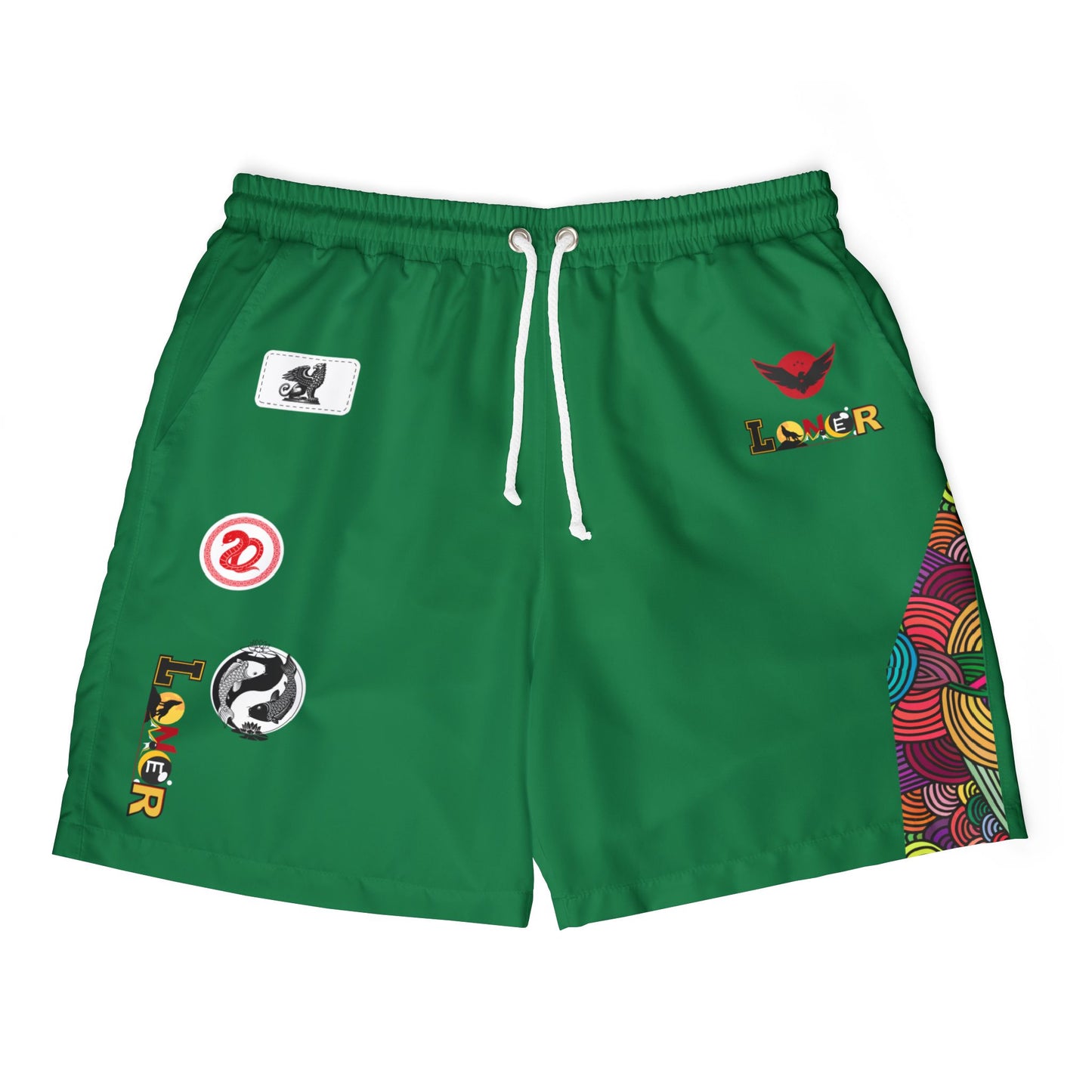 Badged Graphic Swim Shorts, Unisex Beachwear, Summer Essentials, Pool Party Attire