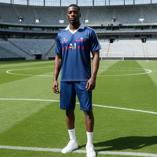 Haiti Flag Themed Contrast Collar Striped Soccer Jersey