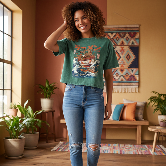 Graphic Ramen Art Mineral Wash Boxy Cotton Unisex T-Shirt
