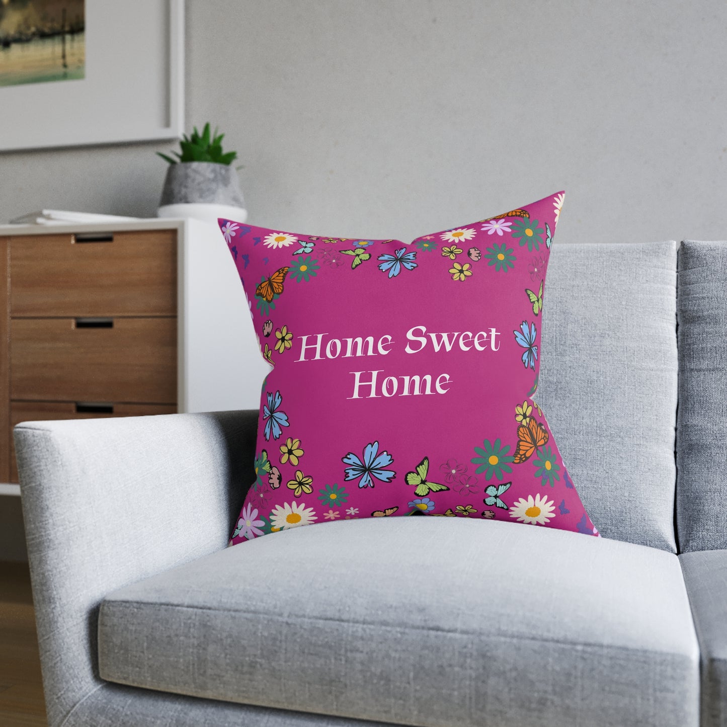 Floral Home Sweet Home Square Pillow - Cozy Decor for Living Room & Bedroom