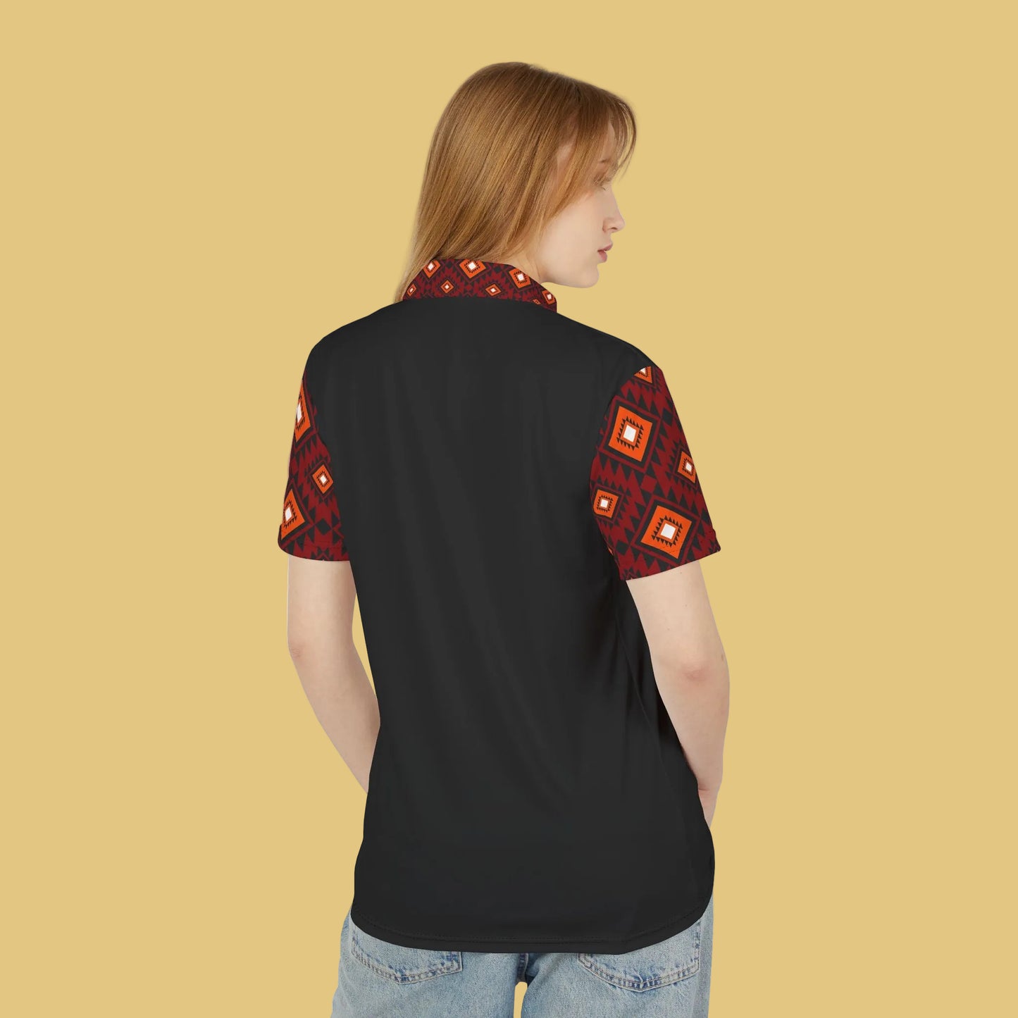 Patterned Polo Shirt — Red Geometric Diamond Print