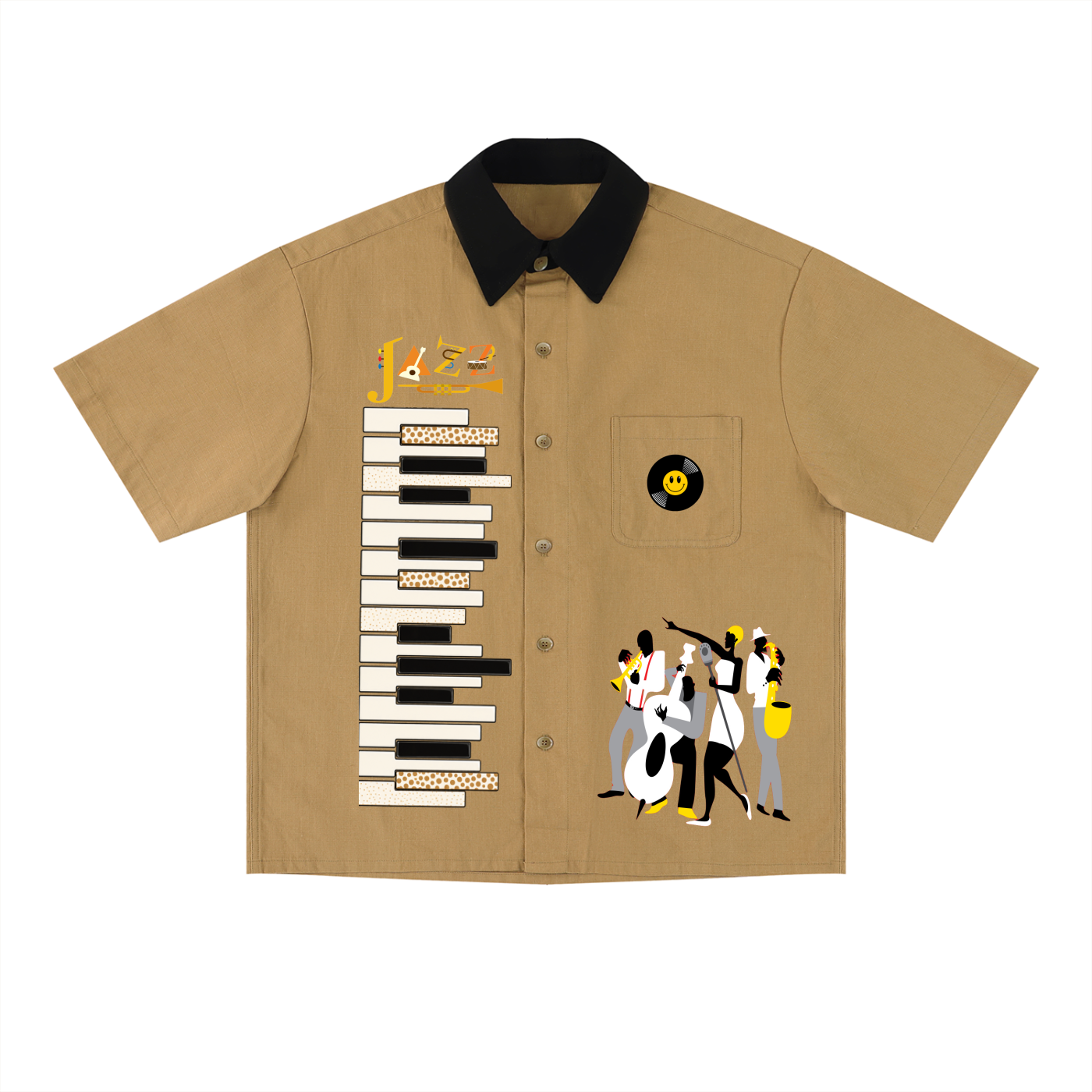 Piano-Inspired Graphic Unisex Short-Sleeve Color-Block Shirt Featuring Jazz Music