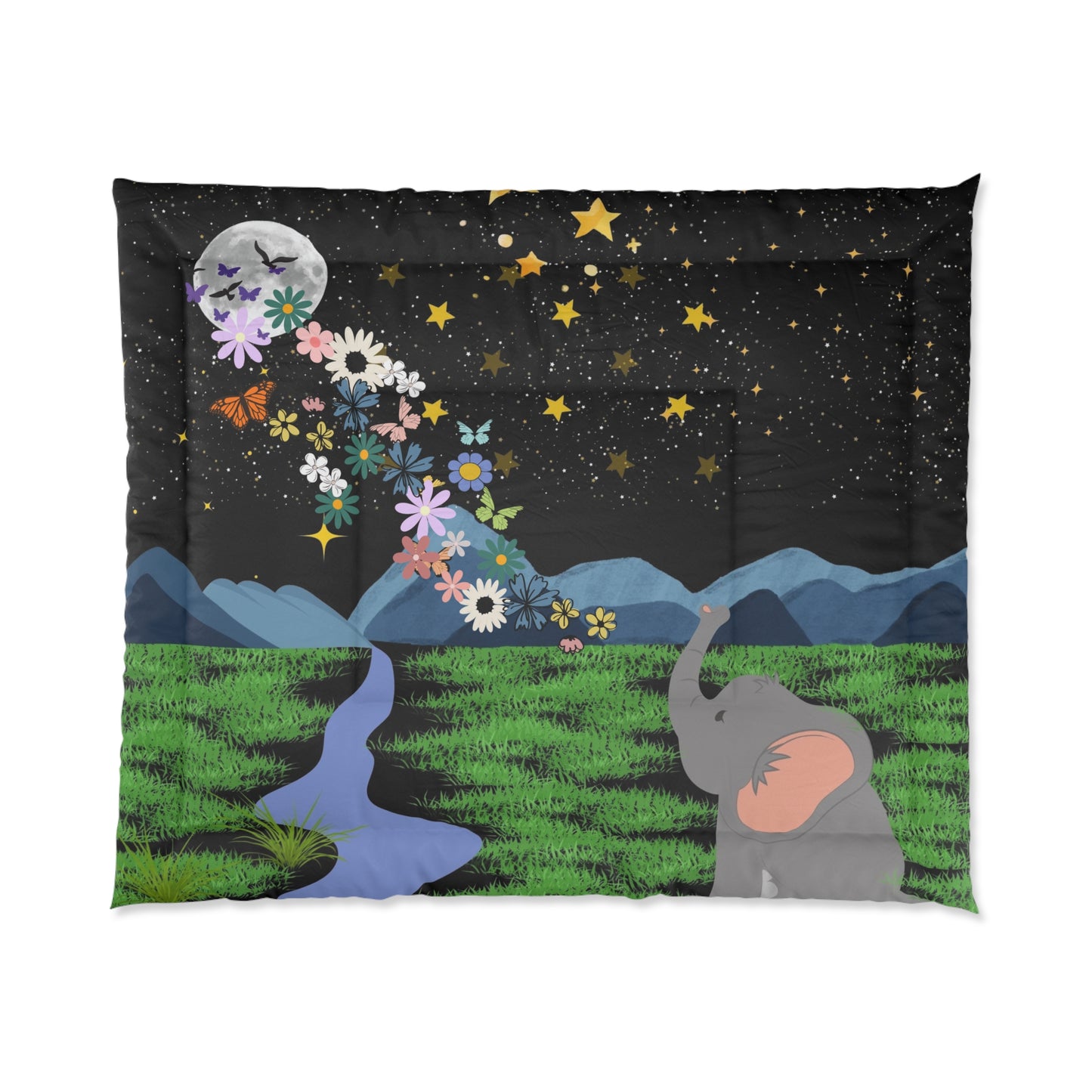 Whimsical Elephant Comforter, Cozy Bedding, Dreamy Decor, Unique Gift for Kids, Nature-Inspired Home Textile