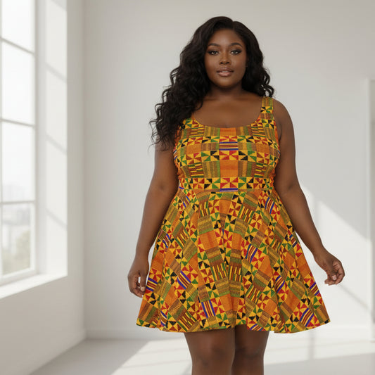 Kente Print Women's Skater Dress - African-Inspired Vibrant Pattern