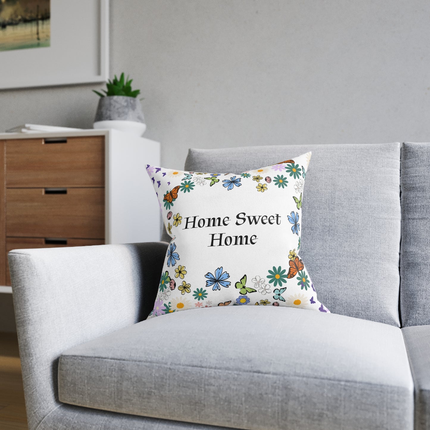 Floral Home Sweet Home Square Pillow - Cozy Decor for Living Room & Bedroom