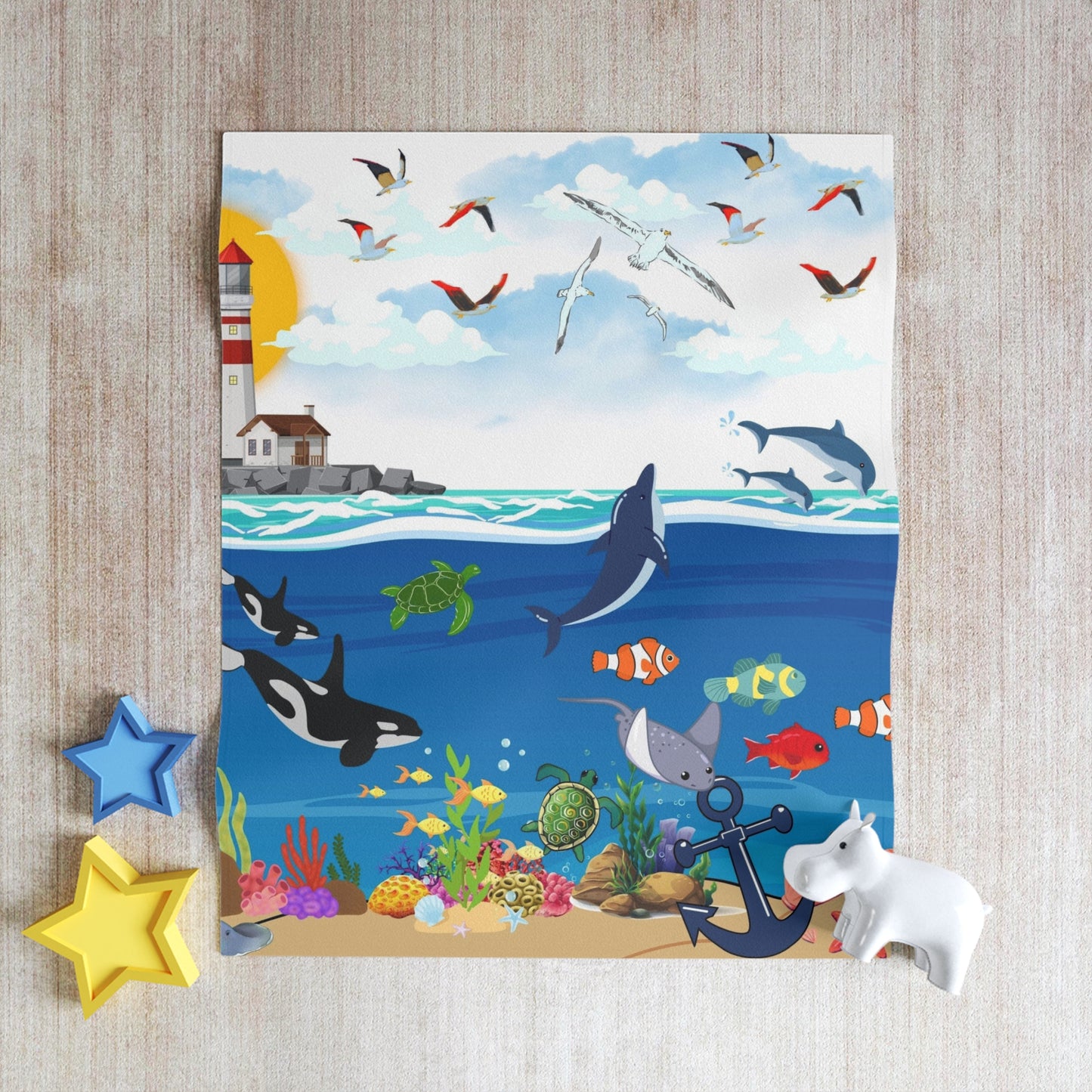 Ocean Adventure Throw Blanket, Cozy Marine Life Blanket, Nautical Home Decor