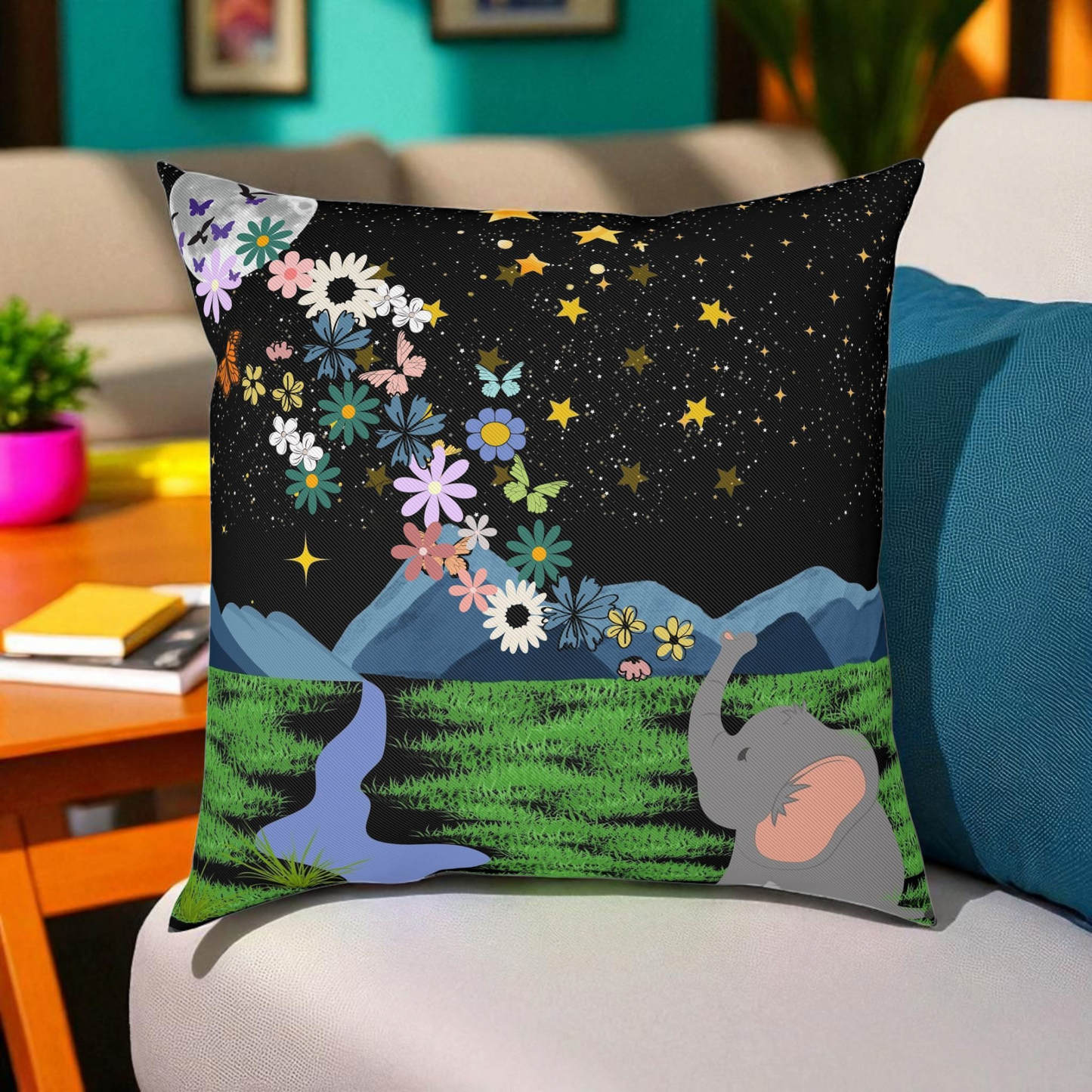 Elephant Dreamscape Cushion - A Cozy Decor for Nature Lovers