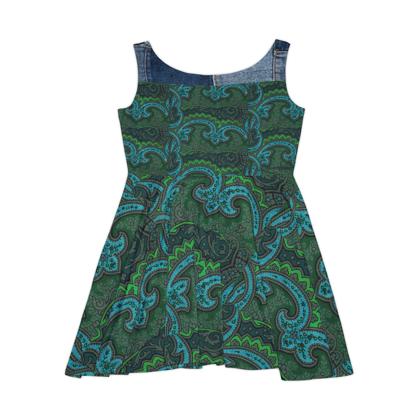 Skater Dress — Green Paisley Denim Panel All-Over Print